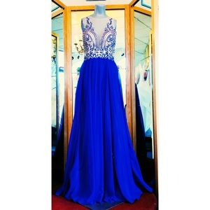Royal Blue Silk Chiffon Dress w/ beaded boddess